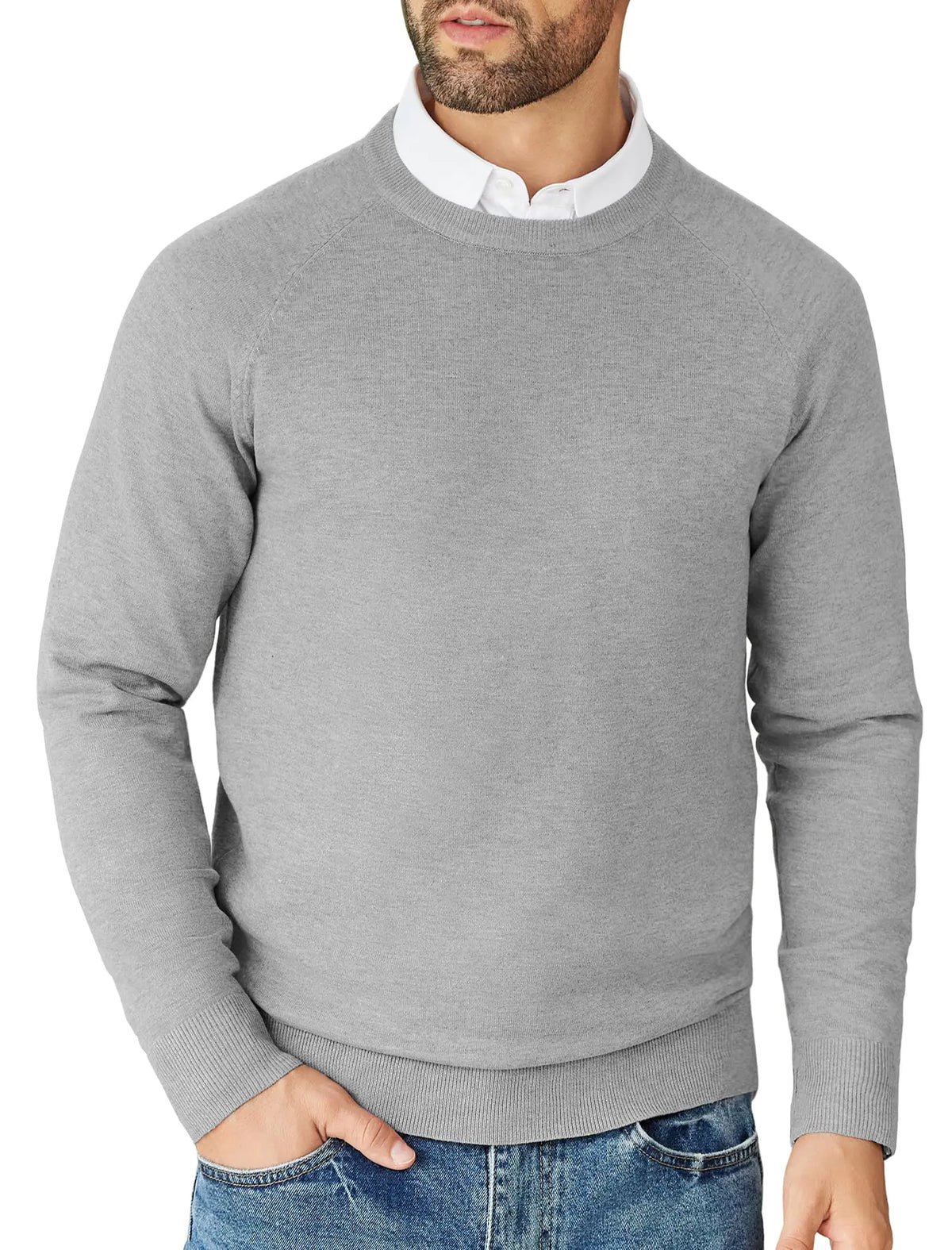 COOFANDY Mens Fitted Crewneck Sweater Ribbed Knit Pullover Sweater Fashion Long Sleeve Crew Neck Sweater Winter Casual Dressy Top Light Grey Mimarta