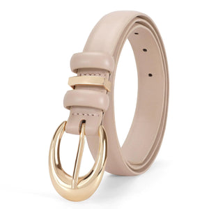 Women Leather Belt for Jeans Pants Fashion Ladies Skinny Faux Leather Dress belt with Gold Buckle Fit Wasit Size 27"-31" Beige Rieworkes