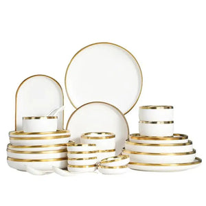 High-quality Matte Gilt Rim White Porcelain Dinner Tray Kitchen Plates Ceramic Tableware Food Dishes Rice Salad Noodles Bowl Rieworkes