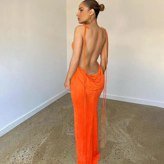 Open Back Slim Cami Strap Long Dresses Rieworkes