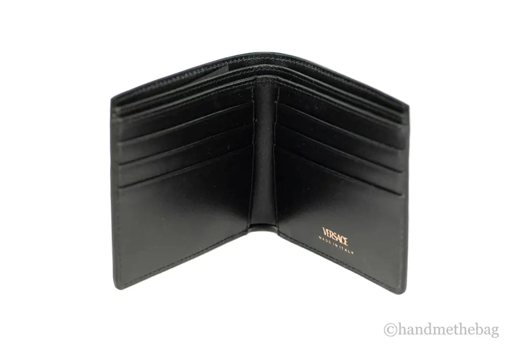 Versace Black Leather Gold Medusa Chain Logo Bifold Wallet Mimarta