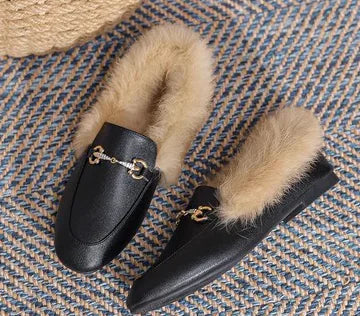 Fleece-Lined Flat Loafers with Rabbit Fur for Women Mimarta
