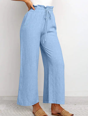 Elastic Waistband Lace-up Wide Leg Pants Solid Color Cropped Pants Rieworkes
