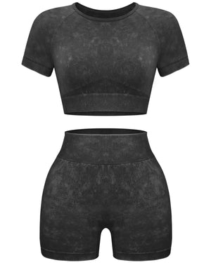 OLCHEE Womens Workout Sets 2 Piece - Seamless Acid Wash Yoga Outfits Shorts and Crop Top Matching Gym Athletic Clothing Set Short-sleeve + Shorts: Coffee Small Rieworkes
