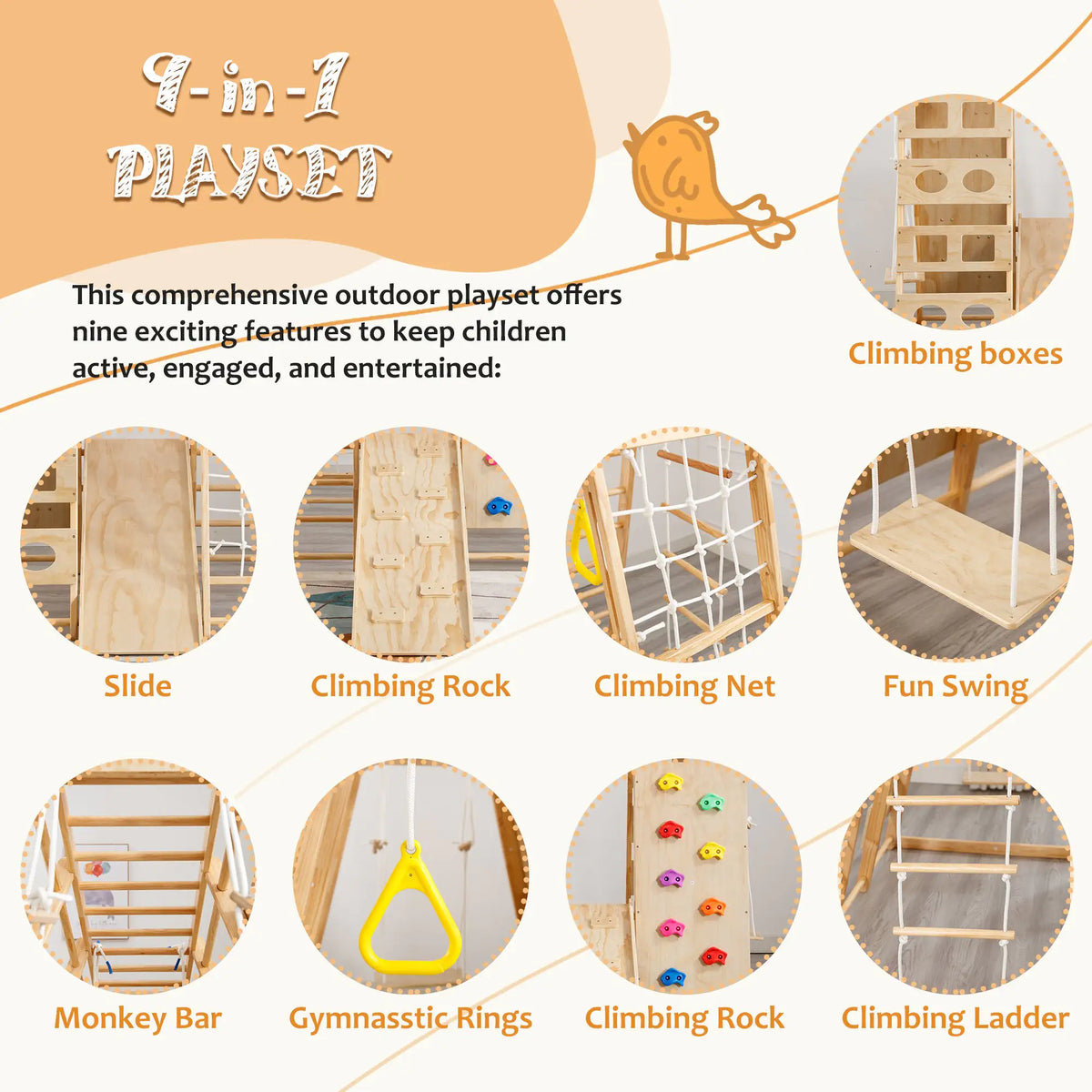 Toddler Indoor Wooden Gym 8-in-1 Indoor Playground Climbing Playset Rieworkes