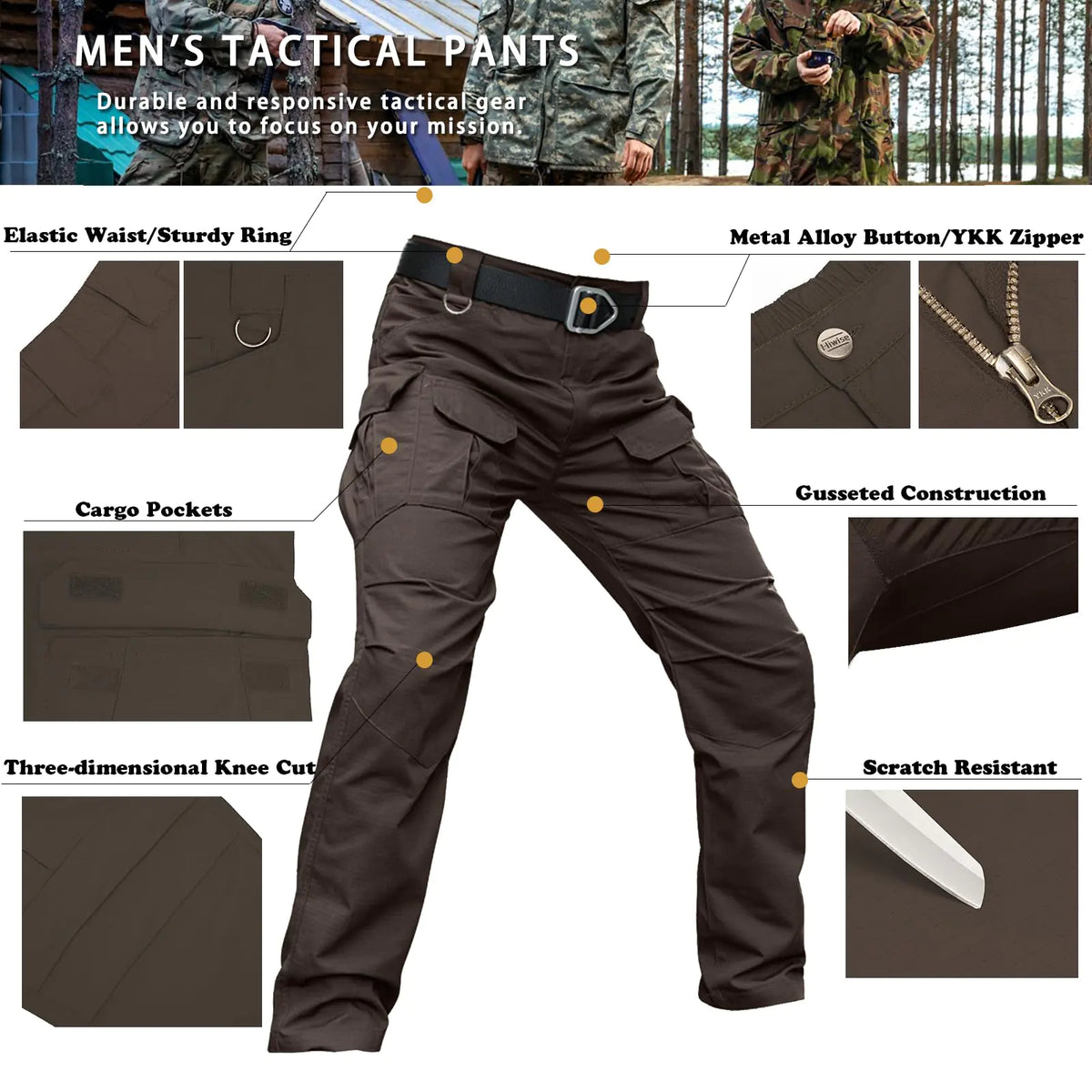 Men's Stretch Tactical Pants Water Resistant Ripstop Cargo Pants Outdoor Lightweight EDC Work Hiking Pants 30W x 32L Dark Brown Rieworkes