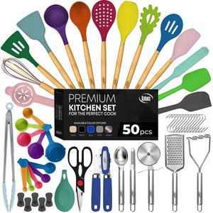 Kaluns 50 PCS Silicone Kitchen Utensils Set - Christmas Gifts For Mom Women Complete Kitchen Set - 800°F Heat Resistant Non-Stick Premium Silicone Cooking Utensils W Wooden Handles Gifts For Mothers Rieworkes