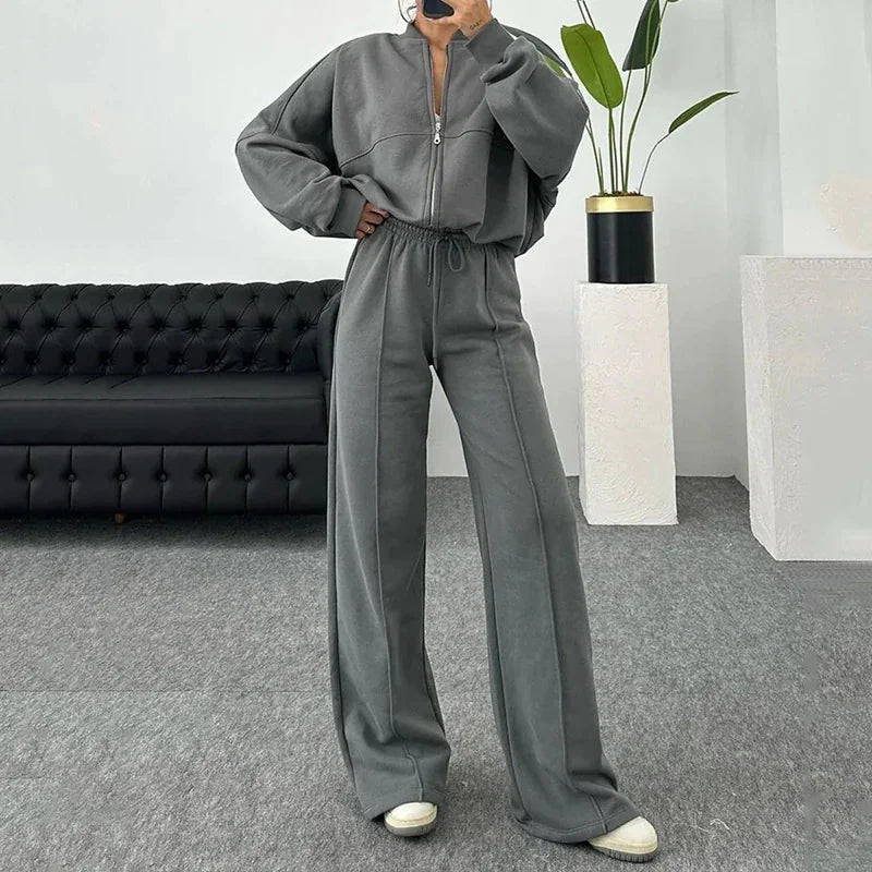 BASIC Solid Color Zip Sweater and Trousers Suit for Women Rieworkes