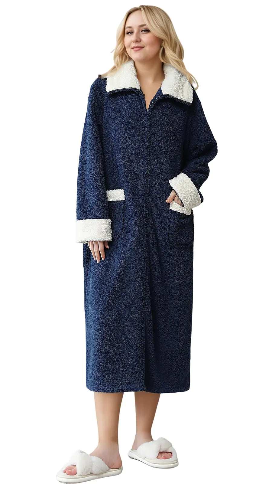 Soojun Womens Full Front Zipper Long Robes with Pockets Fuzzy Bathrobe Navy X-Large Mimarta