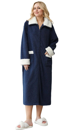 Soojun Womens Full Front Zipper Long Robes with Pockets Fuzzy Bathrobe Navy X-Large Mimarta
