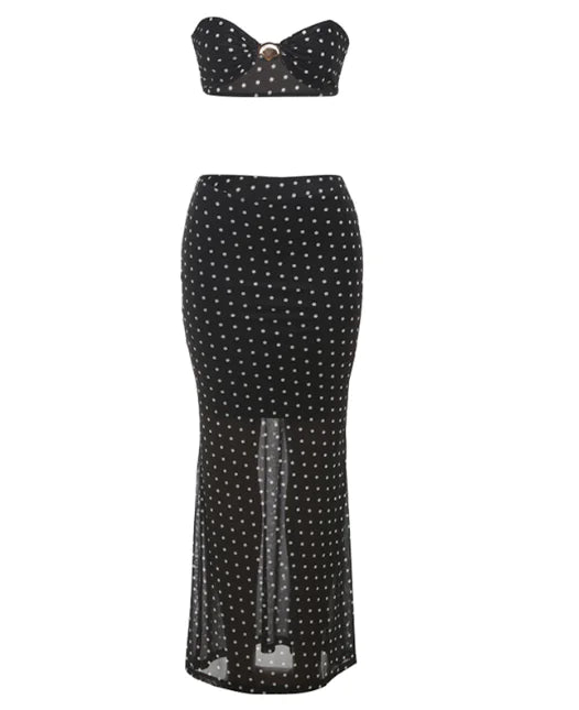 Women's Black Sheath Mesh Dots Two-piece Set (Top and Skirt) Mimarta