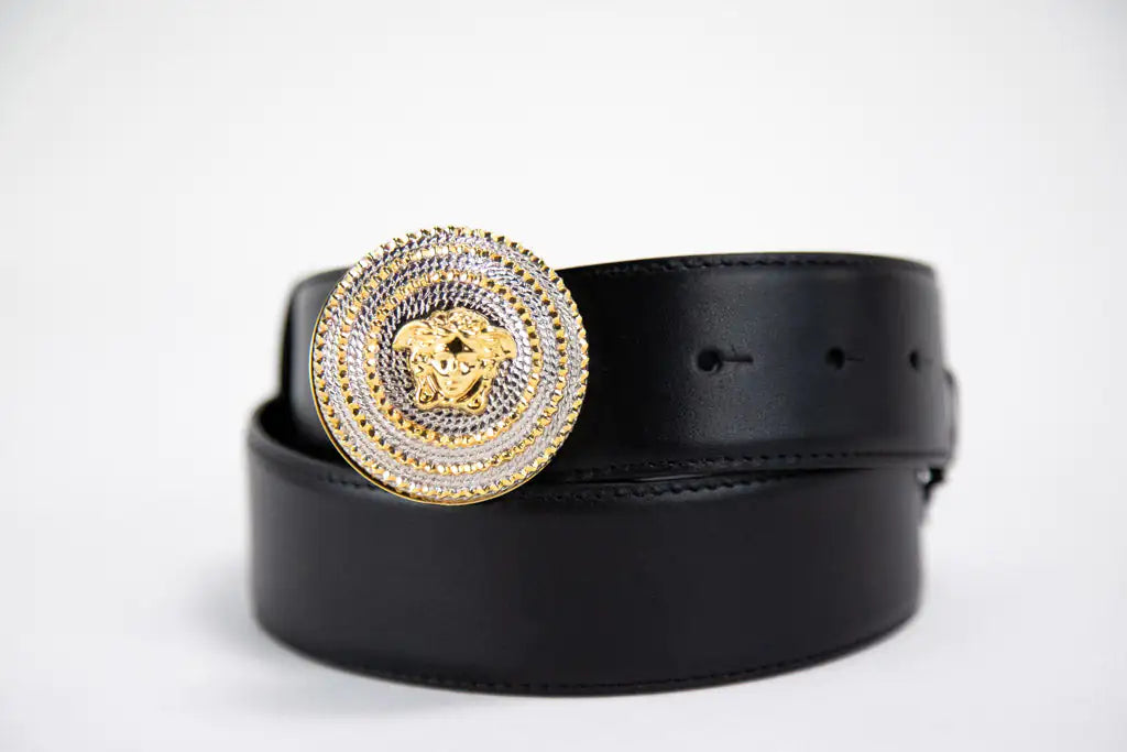Versace Leather Round Ridged Medusa Emblem Adjustable Belt Mimarta