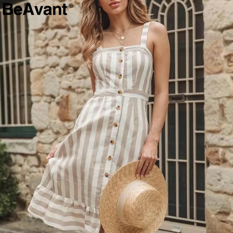 BeAvant Casual striped linen cotton dress women Button strap beach summer dress 2019 Sexy backless midi ladies dresses vestidos Rieworkes
