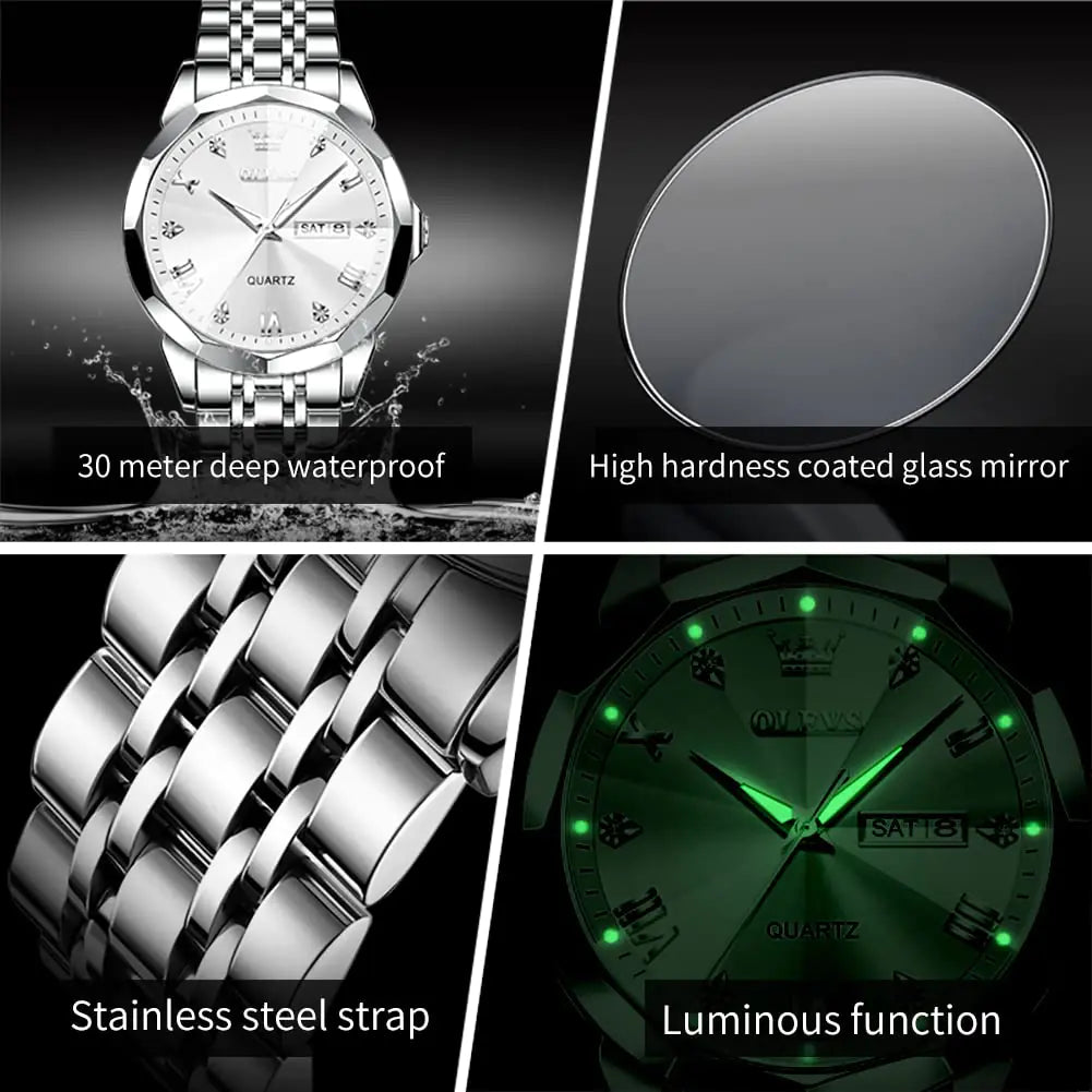 OLEVS Watch for Men Diamond Business Dress Analog Quartz Stainless Steel Waterproof Luminous Date Two Tone Luxury Casual Wrist Watch silver watch for men Rieworkes