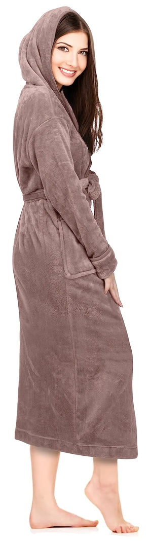 NY Threads Women's Fleece Hooded Bathrobe Plush Long Spa Robe X-Large Taupe Rieworkes