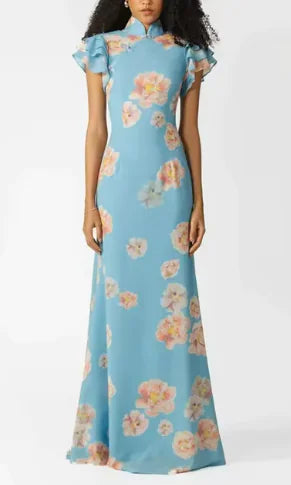 Flower High Collar Button Puff Sleeve Dresses Rieworkes