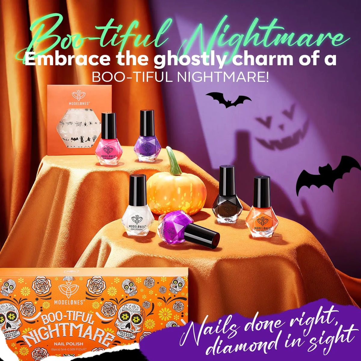 modelones Halloween Nail Polish Set 6 Colors, Boo-tiful Nightmare Collection with Stickers, Glow in the Dark White Crackle Black Purple Orange Hot Pink Quick Dry Nail Art Kit, Fall Gift for Women A1 Boo-tiful Nightmare Rieworkes