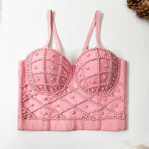 Women's Fashionable Elegant Pearl Spaghetti-strap Camisole Top With Chest Pad Rieworkes