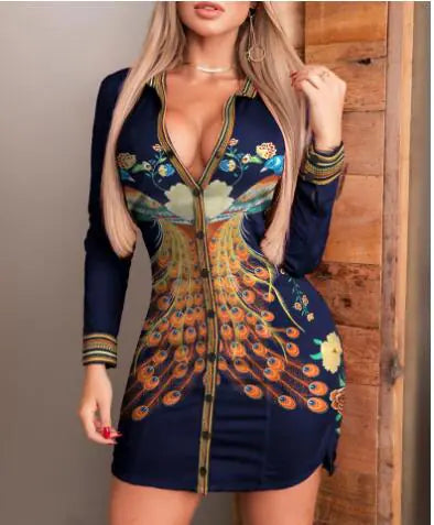 Tanya Dress - Long Sleeve Printed Shirt Dress (One Piece) Mimarta
