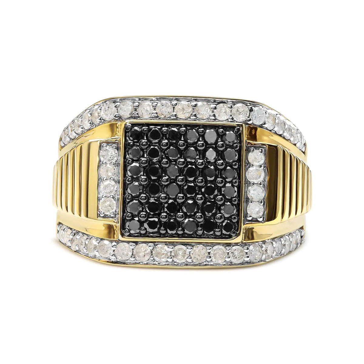 Men's 10K Yellow Gold 1 1/2 Cttw White and Black Treated Diamond Cluster Ring (Black / I-J Color, I2-I3 Clarity) Rieworkes