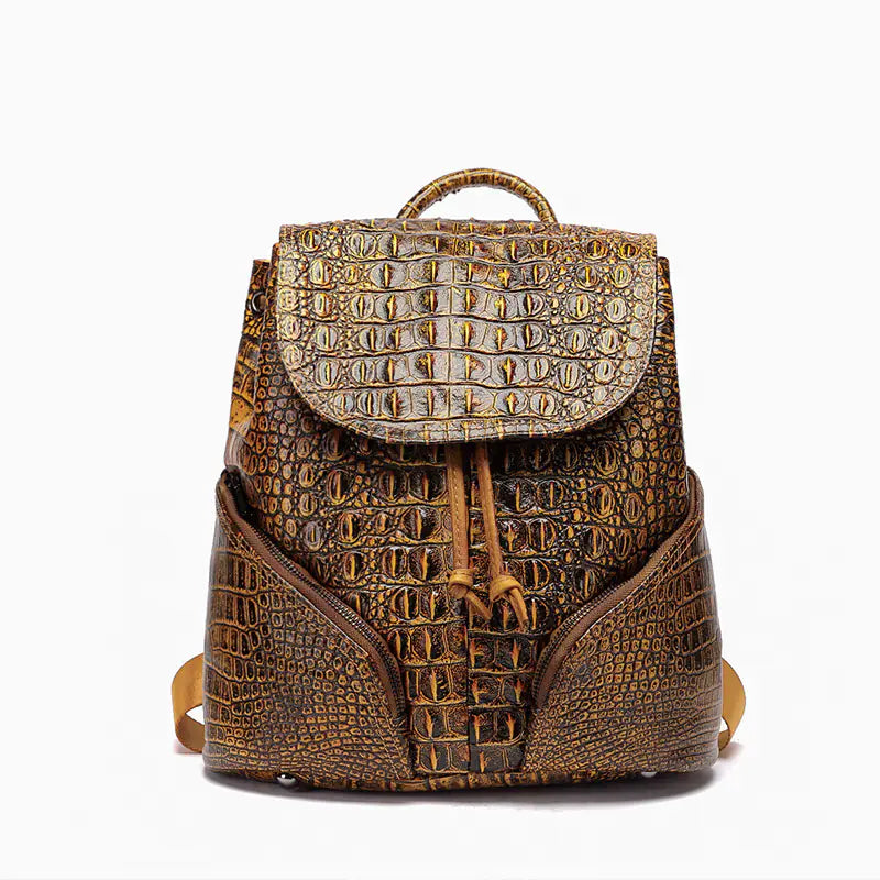 Vintage Style Handcrafted Leather Backpack with Crocodile Pattern Mimarta