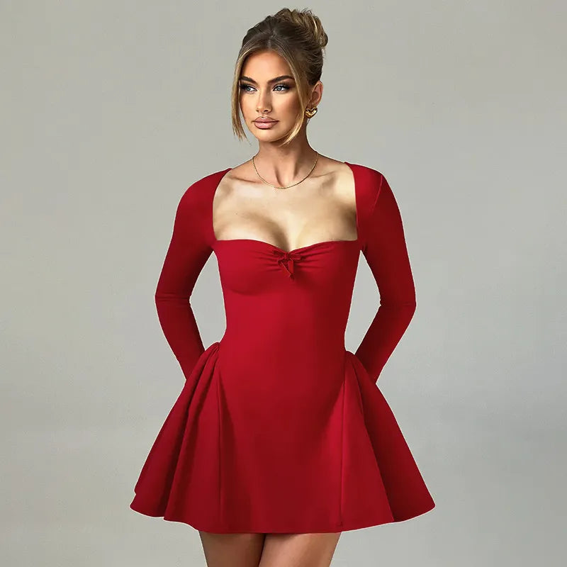 Socialite Style Elegant Slim Fit Fitted Waist Bubble Long Sleeve Dress Rieworkes