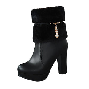 UTIKLIOU Womens Ankle Boots Platform Boots Side Zip Chunky Heel Booties with Fur Round Toe Leather Winter Boots for Women (Black Size 8) Mimarta