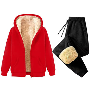 2 Piece Outfits Women Sherpa Fleece Lined Sweatsuits Zip Up Hoodie and Sweatpants Sets Matching Sets Warm Sets Red Mimarta