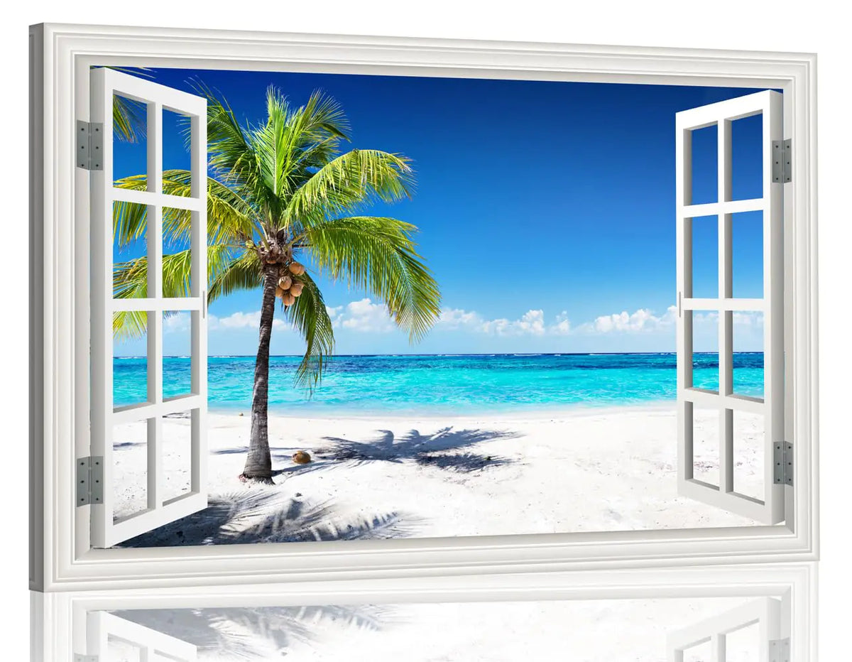 Ocean Wall Art Beach Picture for Living Room White Window Frame Style Palm Tree Art Print on Canvas Large Blue Sea View Painting Artwork for Bedroom Home Office Decoration Ready to Hang(32"×48") Rieworkes