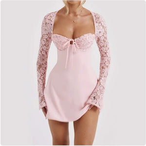 Women's Lace Corset Long Sleeve Backless Dress Rieworkes