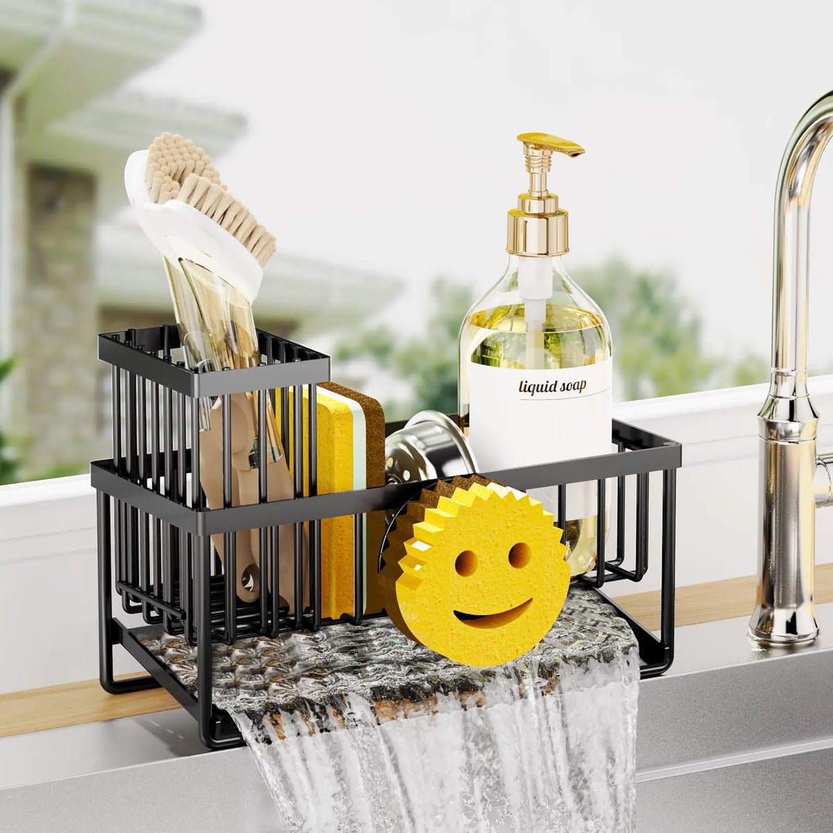 Sponge Holder for Kitchen SinkSmiley Face Kitchen Sink Caddy with Removable Brush HolderSelf-Draining Kitchen Sink Organizer for SpongeSoapDish BrushScrubberKitchen Essentials and Gadgets Rieworkes