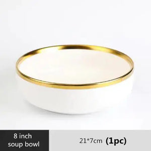 High-quality Matte Gilt Rim White Porcelain Dinner Tray Kitchen Plates Ceramic Tableware Food Dishes Rice Salad Noodles Bowl Rieworkes