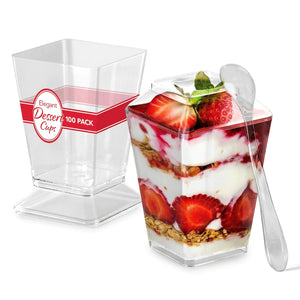 Stock Your Home 100 Pack 5 oz Elegant Mini Clear Plastic Dessert Cups with Lids and Spoons Square Parfait Cup w/Lid for Small Individual Desserts Pudding Shooters Appetizers Trifle Shooter Mimarta