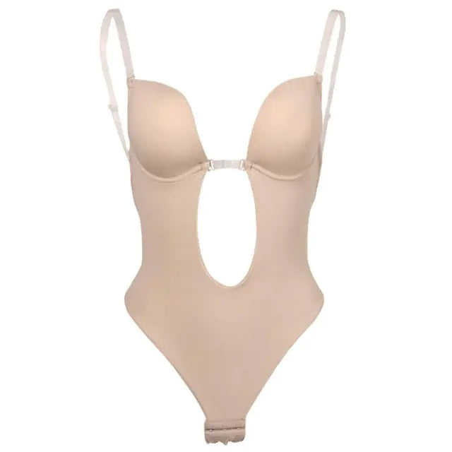 Women Sexy U Plunge Backless Bodysuit Deep V-Neck Seamless Thong Bottom Underwear Padded Push Up Body Shapewear Top for M6CD Rieworkes