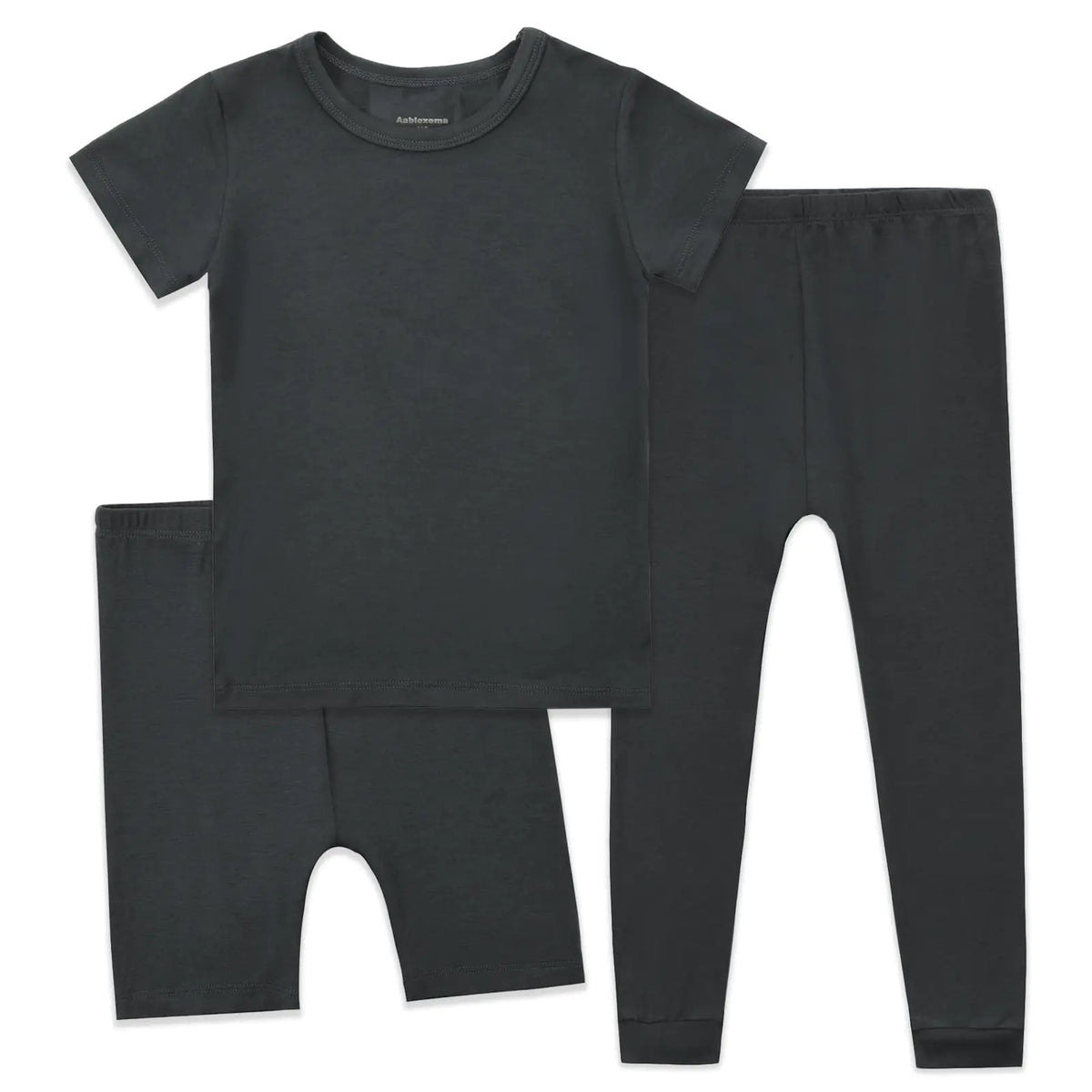Aablexema Kids Pajamas Set Rayon 3Pcs Unisex Toddler Short Shirt and Pants Set Snug Fit Sleepwear Pjs(Black Grey90/12-24m) Rieworkes