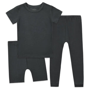 Aablexema Kids Pajamas Set Rayon 3Pcs Unisex Toddler Short Shirt and Pants Set Snug Fit Sleepwear Pjs(Black Grey90/12-24m) Rieworkes