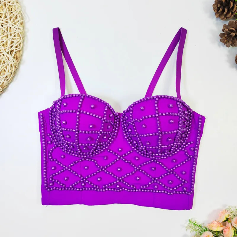 Women's Fashionable Elegant Pearl Spaghetti-strap Camisole Top With Chest Pad Rieworkes