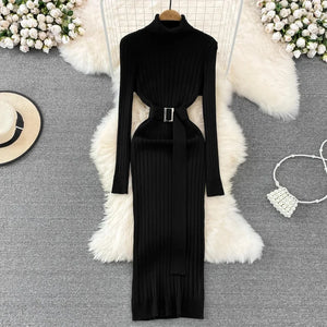 Turtleneck Sexy Wrap Hips Knitted Dresses Rieworkes