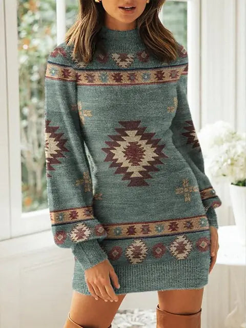 Bohemian Print Mini Dress for Women - Long Sleeve, Skinny Fit, Casual, for Autumn and Winter Rieworkes