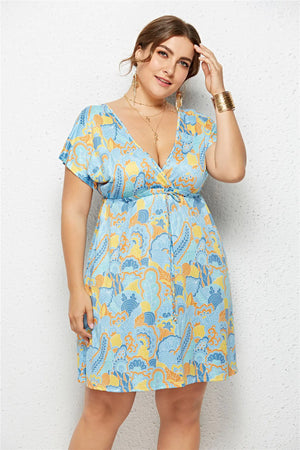 Printed Deep V-Neck Dress with Elastic Waist Mimarta
