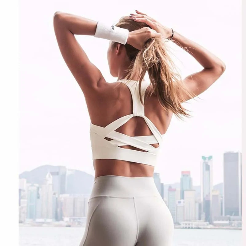 White Strap Push Up Sports Bra: Women's Gym Yoga Athletic Vest Underwear Rieworkes