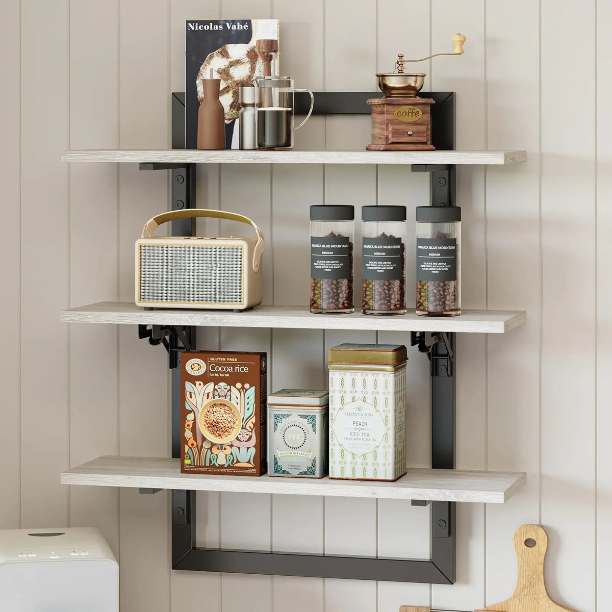 Bestier Floating Shelves for Wall 24 inch Kitchen Shelves Wall Mounted 3 Tier Coffee Bar Shelf with Foldable Brackets Industrial Display Shelf for Bathroom Living Room Retro Grey Mimarta