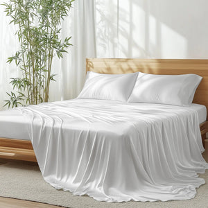 JSELF 100% Organic Viscose from Bamboo Sheets California King Size Set - Ultra Soft & Luxuriously Cooling Sheets for Hot Sleepers 16" Deep Pocket 4-Piece California King Size Bed Sheets Set (White) Rieworkes