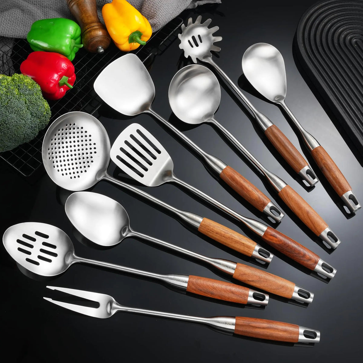 NIITAWH 304 Stainless Steel Kitchen Utensils Set with Wooden Handle for Cooking 9 PCS with Solid Spoon Slotted Spoon Fork Spatula Ladle Skimmer Slotted Tunner Spaghetti Spoon Large Spoon Rieworkes