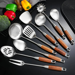 NIITAWH 304 Stainless Steel Kitchen Utensils Set with Wooden Handle for Cooking 9 PCS with Solid Spoon Slotted Spoon Fork Spatula Ladle Skimmer Slotted Tunner Spaghetti Spoon Large Spoon Rieworkes