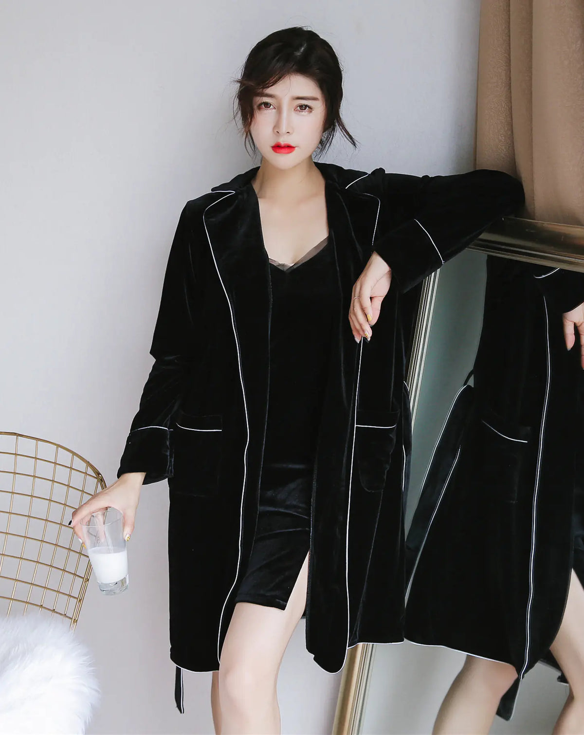 Luxury Velvet Three-Piece Pajama Set with Robe Mimarta