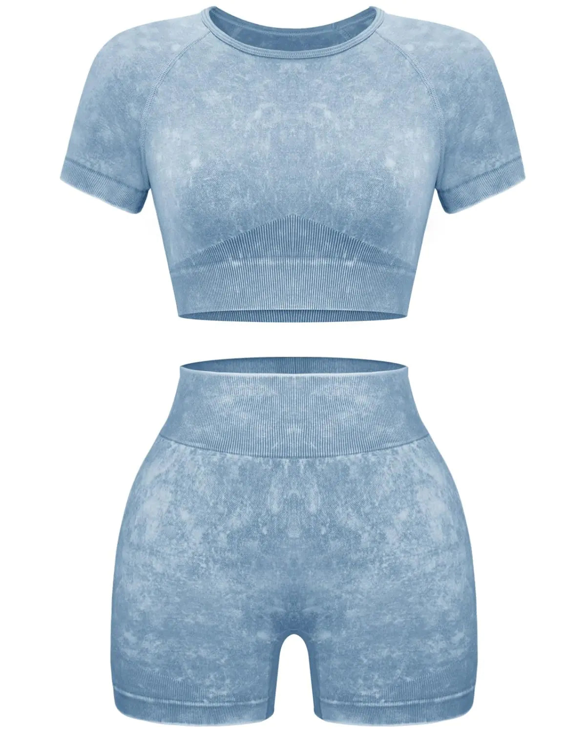 OLCHEE Womens Workout Sets 2 Piece - Seamless Acid Wash Yoga Outfits Shorts and Crop Top Matching Gym Athletic Clothing Set Short-sleeve + Shorts: Coffee Small Rieworkes