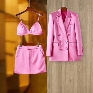 Fashionable Pink Satin Suit Jacket and Skirt Set Mimarta