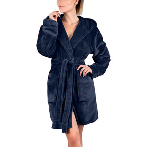 Cyber Trendy Monday Deals 2023 Womens Fuzzy Robe Mid Length Bathrobe Belted Soft Bath Robes Plush Kimono Robe with Pockets Fall Winter Spa Robes Robe for Women Hoodie Mimarta