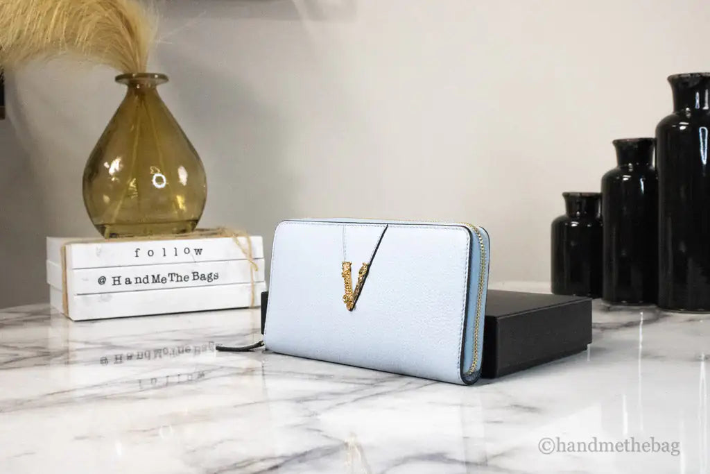 Versace Large Cornflower Leather Gold Monogram Zip Around Wallet Mimarta